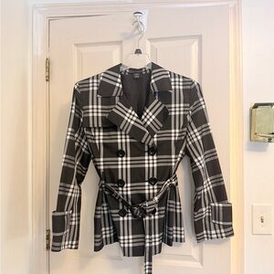 Elegant Black and White Plaid Trench Coat